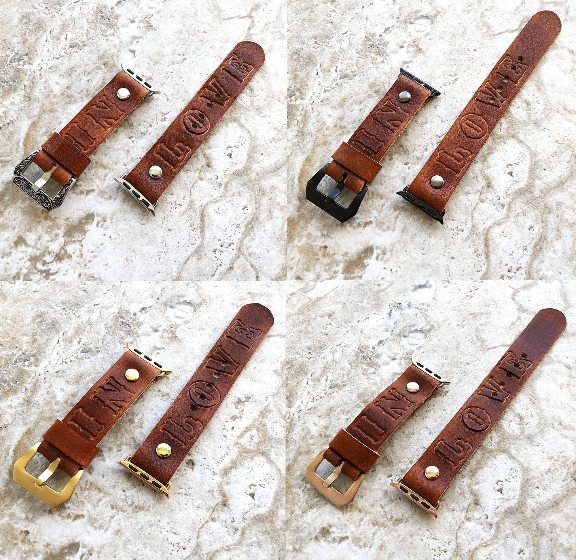 Apple Watch Band In Love for iWatch Ultra 2 49mm and 9 8 Series 41mm 45mm Case Tooled Embossed Handmade Brown Genuine Leather Strap Bracelet